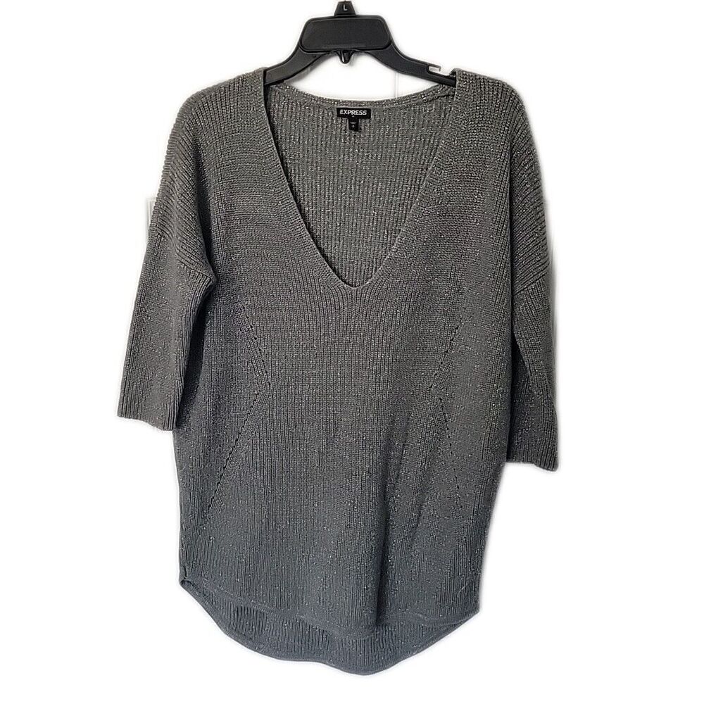 Express Knit Pullover Sweater ~ Sz S ~ 3/4 Sleeve ~ Gray & Silver